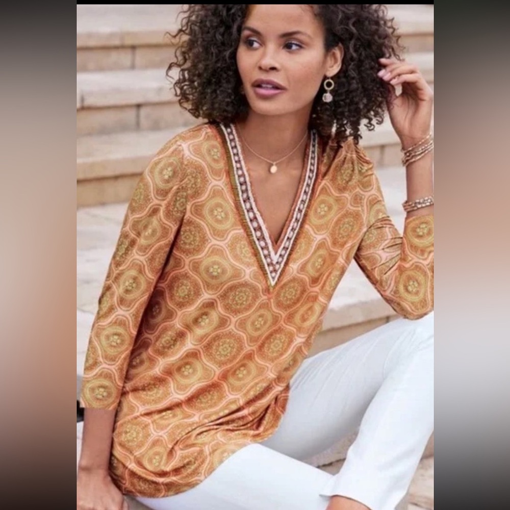 Soft Surroundings Lillia Beaded V-neck Top Patterned Tunic Sz M‼️NEW MARKDOWN‼️